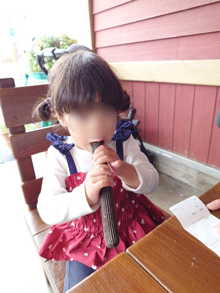 ディズニーシーでチュロスを食べる2歳3ヶ月の子ども